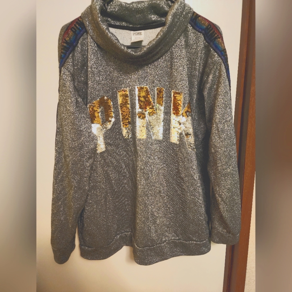 PINK Bling Flip Rainbow Bling Hoodie Sz Lg